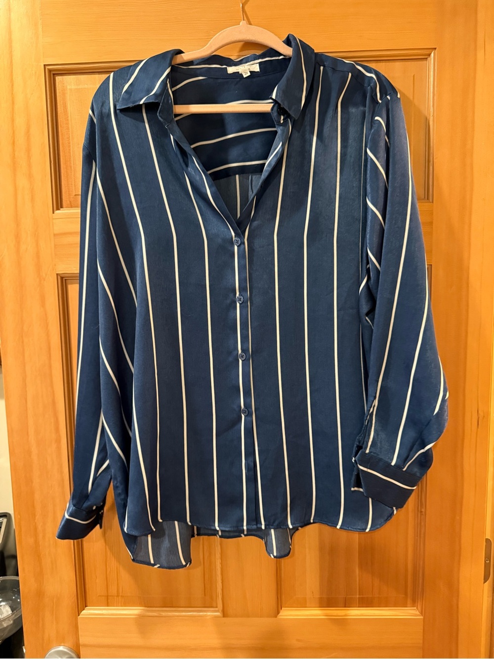 Maurices Navy Blue and White Vertical Stripe Button-Down Blouse